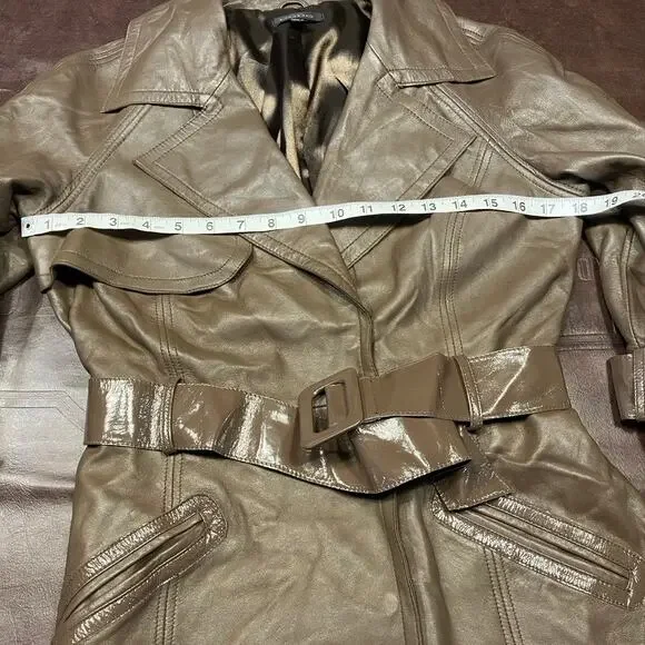 Bebe‎ Leather Brown Belted Trench Coat Womens Medium 70's Spring Steampunk